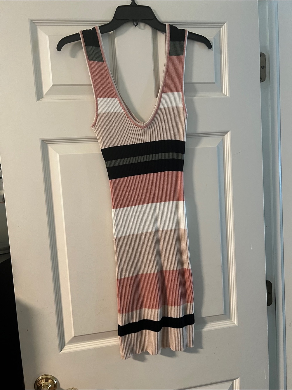 Fashion Nova Ribbed Striped Midi Dress in Pink, White, Black, Tan